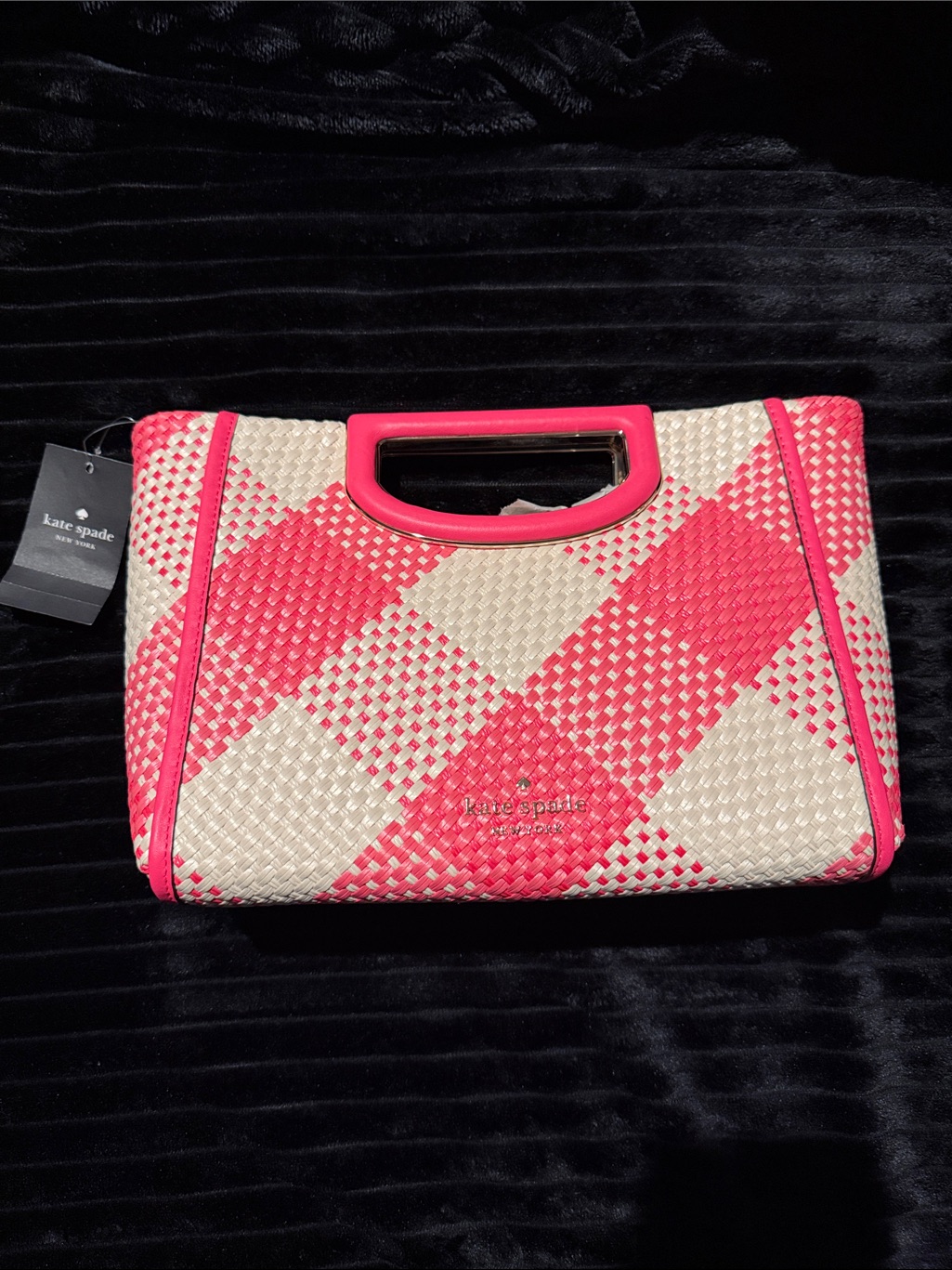 Kate Spade Pink & Cream Woven Checkered Clutch With Cutout Handle